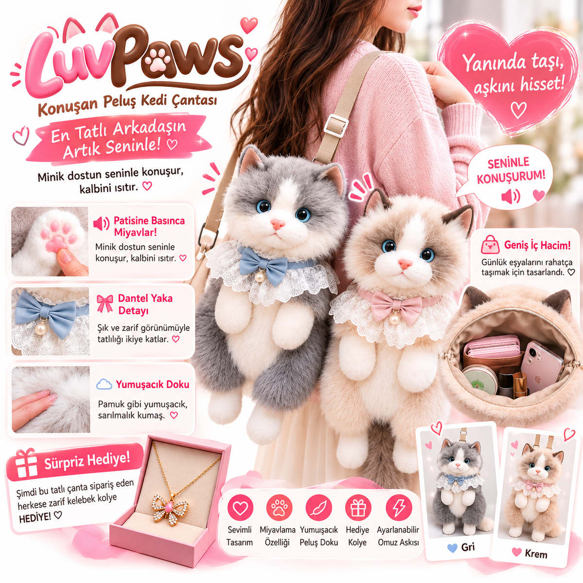 LuvPaws™ Konuşan Peluş Kedi Çantası – Omzunda Taşıdığın Minik Dostun!